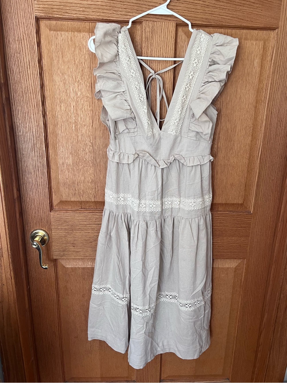 Southern fried chics Linen crochet lace Ruffled V-Neck Midi Dress in Neutral
